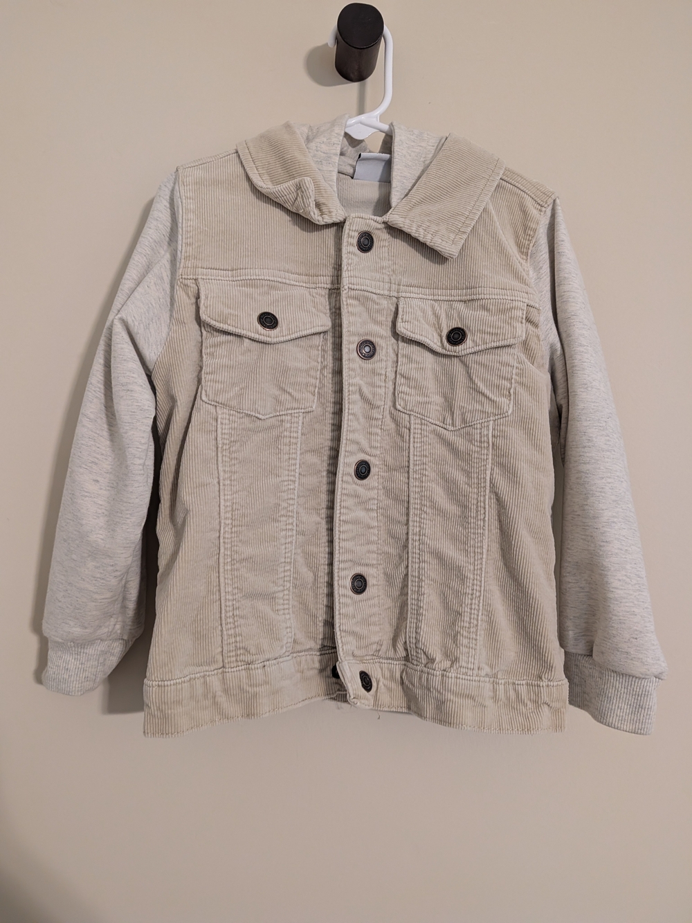 Kids Corduroy Jean Jacket with Heather Cream Sleeves - Light Beige